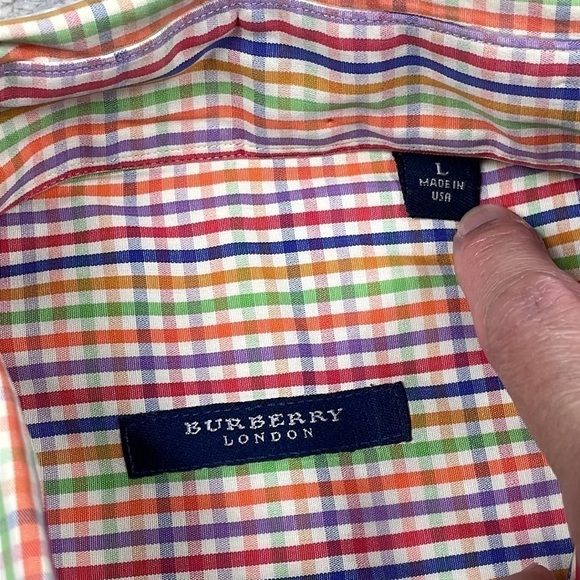 Burberry London Multi Color Rainbow Checked Gingham Button Down Shirt Sz L - Picture 10 of 11